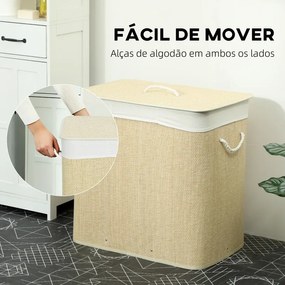 Cesto de Roupa Suja com Tampa 144L de Bambu com 3 Compartimentos 60x40x60 cm Creme