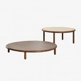 Conjunto De 2 Mesas De Centro Redondas Em Madeira De Acácia Olivia Castanho-acácia Escuro - Beige Semoline & Castanho-acácia Escuro - Sklum