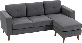 Sofá Chaise Longue Reversível Sofá de Canto em Forma de L de 3 Lugares Estofado em Veludo Cotelê 192x137x84 cm Cinzento Escuro