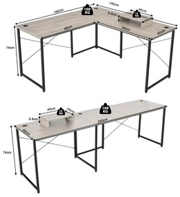 Mesa de computador em forma de L Mesa de canto reversível com orifícios para cabos para escritório em casa 150 x 150 x 150 x 74 cm Cinzento
