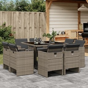 vidaXL 9 pcs conjunto de jantar p/ jardim c/ almofadões vime PE cinza
