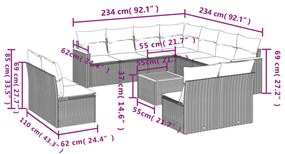 12 pcs conjunto de sofás de jardim c/ almofadões vime PE preto