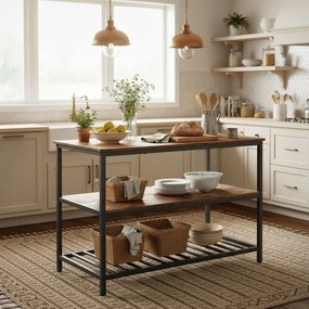 Armário de cozinha com grande bancada 60 x 120 x 90 cm, prateleira para micro-ondas com 3 níveis, estrutura em aço castanho-preto