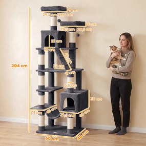 Árvore Arranhadora para Gatos 204 cm Multinível com 2 Tocas Rede 2 Camas Postes de Sisal Escada e 2 Bolas Cinza Escuro