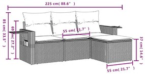 4 pcs conjunto sofás de jardim c/ almofadões vime PE cinzento