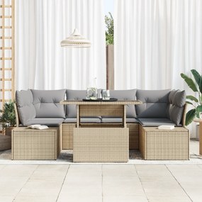 Conjunto de Sofá de Jardim 7 Peças com Almofadas Bege em Rattan Poliés