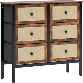 HOMCOM Cómoda para Dormitório Cómoda de Tecido com 6 Gavetas Dobráveis com Frentes de Vime 88x30x83 cm Marrom Rústico | Aosom Portugal