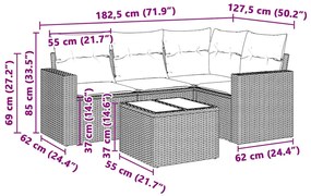 5 pcs conj. sofás jardim c/ almofadões vime PE cinzento-claro