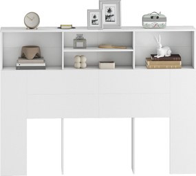 Cabeceira com pés e arrumação, acessório de cama com 4 compartimentos abertos, 140 x 19 x 103,5 cm, branco