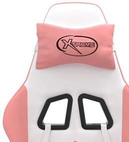 Cadeira gaming giratória c/ apoio pés couro artif. branco/rosa