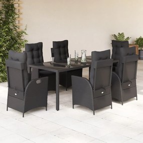 7 pcs conjunto de jantar p/ jardim c/ almofadões vime PE preto