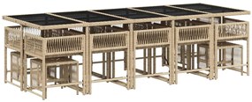 15 pcs conjunto de jantar p/ jardim com almofadões vime PE bege