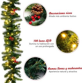 Grinalda de Natal de Pinheiro Iluminado 270 cm Artificial com 100 Luzes LED Bagas Vermelhas Pinhas Decorativas com Temporizador