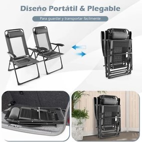 Conjunto de 2 cadeiras de jardim dobráveis para pátio com braços largos, encosto de 7 níveis, assento respirável e estrutura metálica cinzenta
