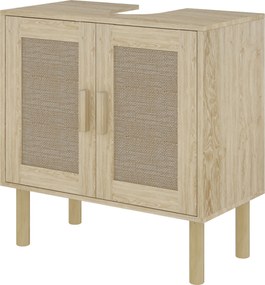Móvel de casa de banho 60 x 30 x 60 cm para lavatório (NÃO INCLUIDO), com portas em rattan e pés em madeira de pinho, 2 prateleiras, em cor carvalho
