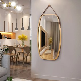 Espelho de canto rectangular arredondado com moldura de bambu e moldura de couro ajustável para o hall de entrada 77 x 44 x 1,5 cm
