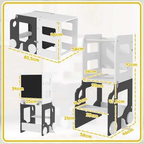 Torre de Aprendizagem 4 em 1 para Crianças em Forma de Carro Convertível em Mesa e Cadeira 58x46x92 cm Branco e Cinza