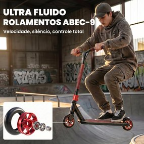 Trotinete Acrobática com Guiador 360° Rolamentos ABEC-9 Rodas de PU de 120 mm Estrutura de Alumínio 66x47x81 cm Vermelho