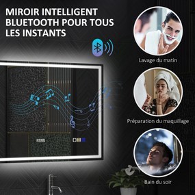 Espelho de casa de banho com LED e Bluetooth, 60 x 80 cm, interruptor tátil, iluminação regulável, 3 cores, antiembaciamento, memória, prateado