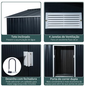 Outsunny Abrigo de Jardim Exterior Abrigo e Jardim Metálico para Armazenamento de Ferramentas com Base Incluída e 4 Janelas 277x195x192cm Cinza Escuro