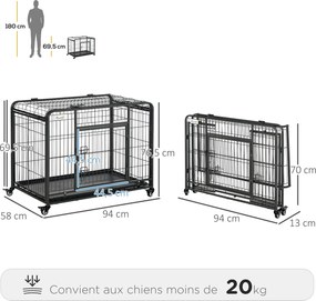 Gaiola dobrável para cães, gaiola de transporte com Rodas, 2 portas com fecho, tabuleiro removível, dim. 94 x 58 x 69,5 cm, metal cinzento-escuro