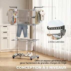 Estendal de roupa dobrável de 5 níveis com rodas 73 (L) x 64 (P) x 172 (A) cm, estendal de interior com abas laterais, estrutura em aço, cinzento