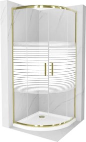 Mexen Rio cabina de duche semicircular 80 x 80 cm, faixas brancas, dourado + base Flat, branco - 863-080-080-50-20-4110G