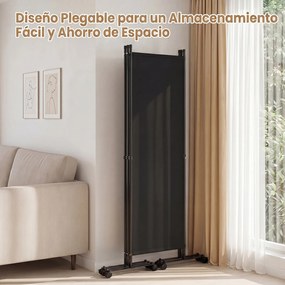 Biombo  Separador de Espaço Dobrável, 221 x 35,5 x 173 cm, 4 Painéis com Rodas Bloqueáveis, Preto