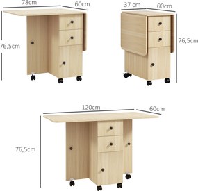 Mesa de Jantar Dobrável com Rodas (CADEIRAS NÃO INCLUIDAS) Mesa Abatível com 2 Gavetas e Armário Mesa Auxiliar Multifuncional 120x60x76,5 cm Madeira