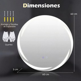 Espelho LED redondo de 60 cm para casa de banho, com luzes de 3 cores, antiembaciamento e luz traseira regulável, prateado
