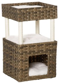 PawHut Árvore Arranhadora para Gatos de Vime Torre para Gatos Médios com Caverna 2 Camas 40x40x70cm Marrom