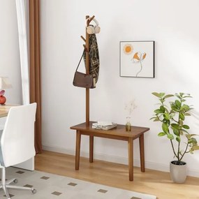 Cabide entrada com Mesa de apoio 2 em 1 de madeira maciça para quarto com sapateira e 3 cabides para casacos 76 x 43 x 168 cm Castanho