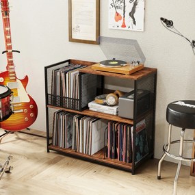 Armário para gira-discos de 3 níveis e para discos de vinil 83 x 36 x 76,5 cm com capacidade para 300 álbuns Mesa lateral com 3 divisórias Castanho