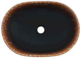 Lavatório de bancada oval 47x33x13 cm cerâmica preto e laranja