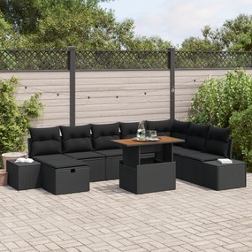 Conjunto de Sofá de Jardim 9 Peças com Almofadas Preto em Rattan Polié