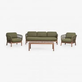 Conjunto De Jardim Com Sofá De 3 Lugares, 2 Poltronas E Mesa De Centro Em Madeira De Acácia E Corda Trançada Karvia Castanho Acácia & Bouclé Verde Sál