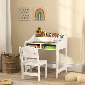 Conjunto de secretária e cadeira para crianças dos 3 aos 8 anos, com compartimentos e prateleiras abertas, branco