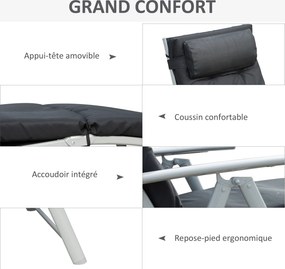 Espreguiçadeira dobrável com 7 posições de inclinação, espreguiçadeira de grande conforto com colchão + braços em metal com revestimento epóxi e tecid