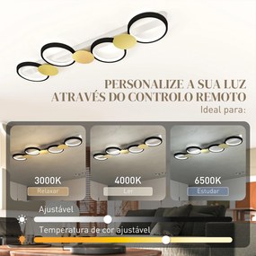Candeeiro de Teto Regulável com 4 Focos Controlo Remoto Modos de Cena 1500 lm 38 W 3000 K-6500 K 100x31x7 cm Preto e Dourado
