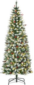HOMCOM Árvore de Natal Nevada Artificial 180cm com 300 Luzes LED Branco Quente 618 Ramos Ignífugos de PVC Decorações Incluidadas e Base Dobrável Ø65x180cm Verde