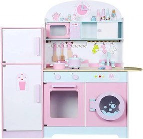 Cozinha de brincar de madeira rosa com frigorifico