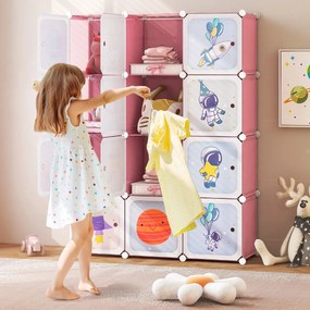 Guarda roupa Infantil de 12 Cubos para Bebéscom 2 secções para pendurar 107 x 36 x 142 cm Rosa