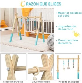 Ginásio para bebés com brinquedos para dentição Desenvolvimento cerebral dobrável em madeira para crianças +3 meses  66 x 40 x 60 cm Verde
