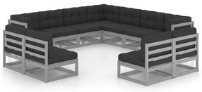 11 pcs conj. lounge jardim c/ almofadões pinho maciço cinzento