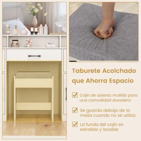 Toucador com espelho e luzes 108 x 40 x 149 cm com banco e Estação de carregamento 3 cores de luz 3 gavetas 2 armarios para quarto Branco
