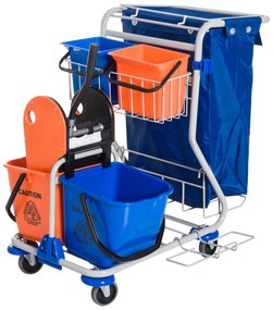 Carro de Limpeza Profissional com Balde Duplo Removível de 18 Litros Escorredor 2 Baldes Auxiliares e Bolsa de Lixo 100x70x103cm Azul e Laranja