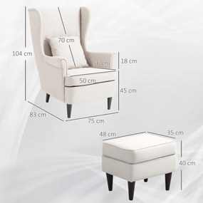 Poltrona com Apoio para Pés Poltrona de Leitura com Encosto Alto Capitonê e Pés de Madeira 75x83x104 cm Bege