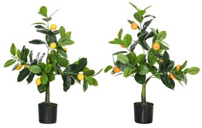 HOMCOM Conjunto de 2 Plantas Artificiais Decorativas Limoeiro e Laranjeira Artificiais de 60 cm com Vaso Decoração de Casa Verde