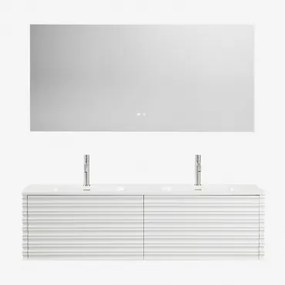 Conjunto De Móvel De Casa De Banho Suspenso 160x50 Cm Em Madeira Com Lavatórios Integrados Noura Branco & Retangular Led E - Sklum