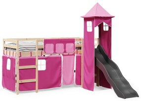 Cama alta para criança com torre 90x200 cm pinho maciço rosa